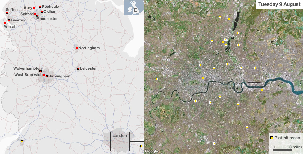 Map showing areas of riots 9 August